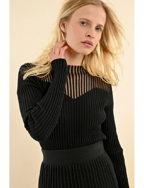 V - Neck Women's Ribbed Wool Sweaters for FallMolly Bracken Black Ribbed Sweater With Fishnet Bust