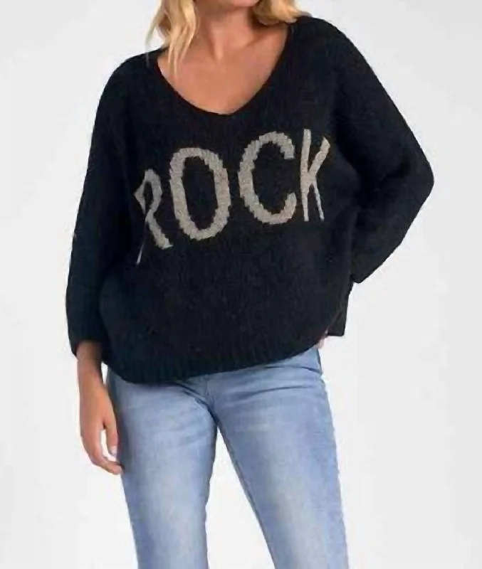 Midi - Length Women's Shetland Wool Sweater Dresses in Traditional PatternsRock V-Neck Sweater In Black