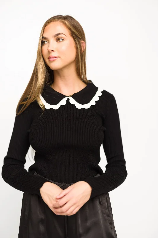 Women's Long Sleeve Turtleneck Cashmere SweatersFrankie Scalloped Collar Sweater in Black