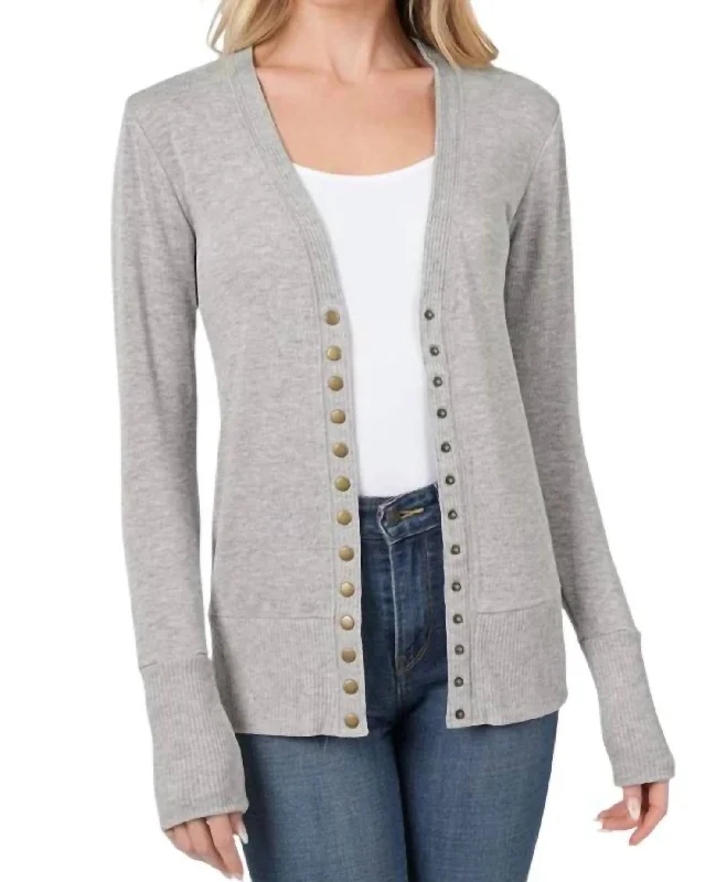 Plus Size Women's Long Sleeve Cable Knit Sweater DressesTorie Ribbed Detail Snap Button Cardigan In Grey