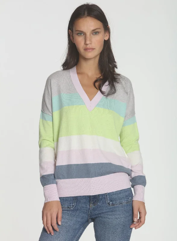 Boat Neck Women's Merino Wool Sweaters in Neutral ShadesTyler Stripe Vee - Lime Retro