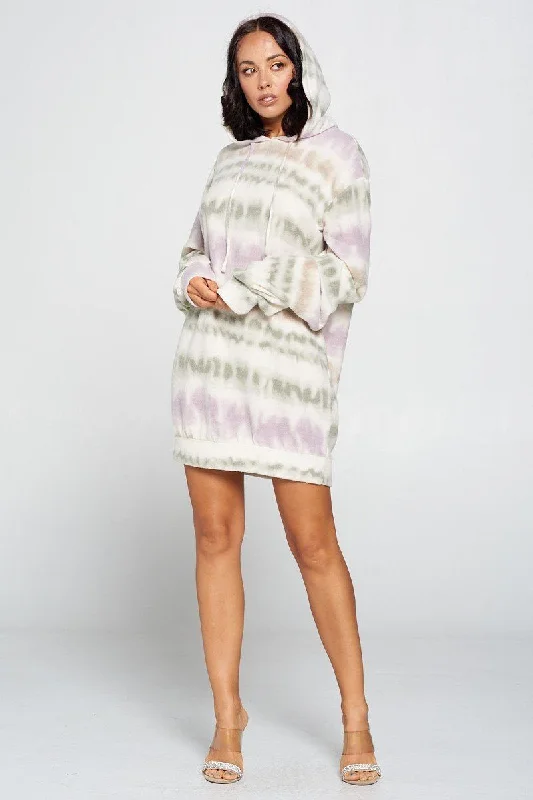 Plus Size Women's Turtleneck Sweater Dresses with Side SlitsHot Girl Terry Brushed Boho Tie-Dye Hooded Sweater Dress