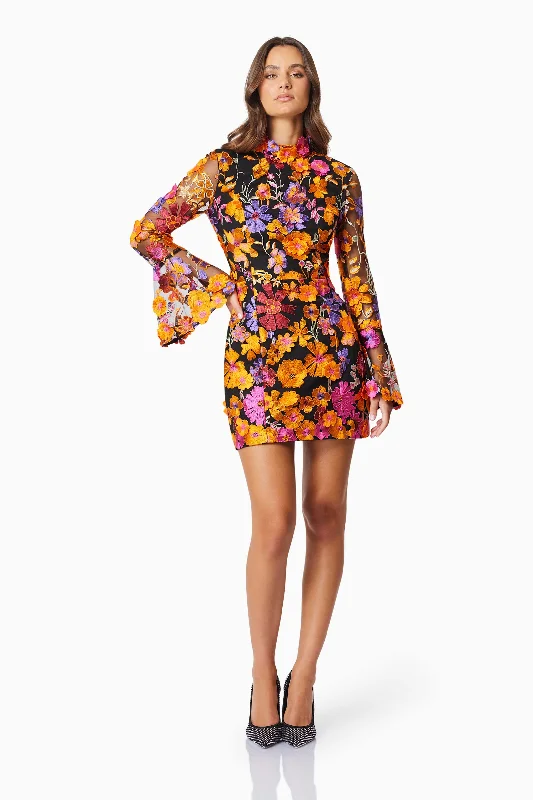 Empire Waist Women Dress to Accentuate the Bust and Conceal the WaistAlessandra Floral Longsleeve Mini Dress In Orange