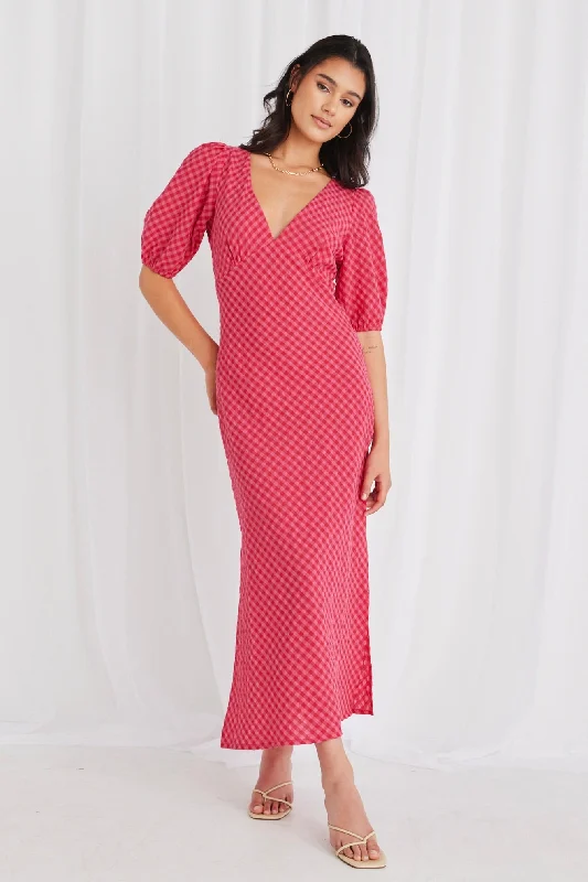 Off - the - Shoulder Women Dress for a Romantic and Feminine LookAmora Raspberry Gingham SS Bias Midi Dress