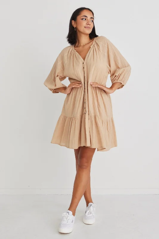 Plus Size Women Dress with a Flattering A - Line Cut for Comfort and StyleAries Caramel Cotton Balloon Sleeve Tiered Button Front Mini Dress