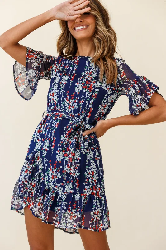 Pleated Women Dress with a Timeless and Elegant TextureAzealia Ruffle Hem Dress Floral Print Navy