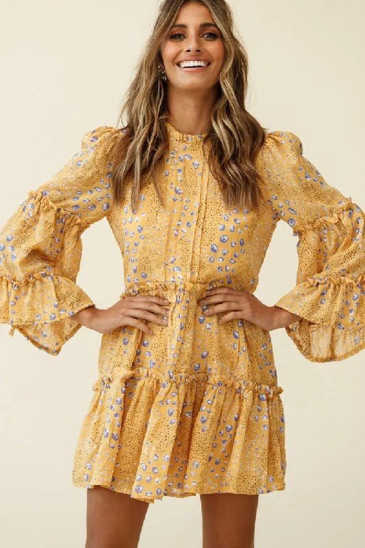 Off - the - Shoulder Women Dress for a Romantic and Feminine LookBeatrix High Neck Bell Sleeve Dress Droplet Print Yellow