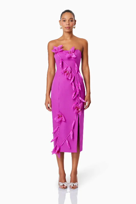 Pleated Women Dress with a Timeless and Elegant TextureBethany Strapless Floral Midi Dress In Purple - Pre Order