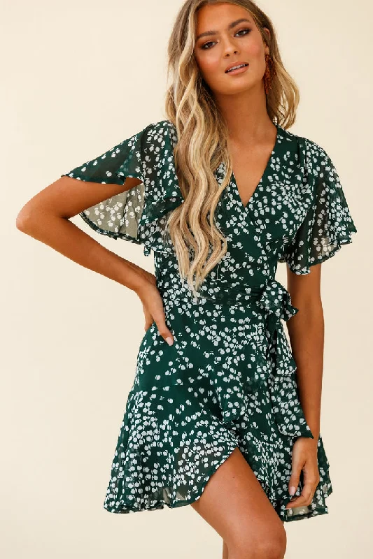 Ruffled Women Dress with Multiple Layers for a Playful and Girly StyleCami Angel Sleeve Faux Wrap Dress Flower Print Forest Green