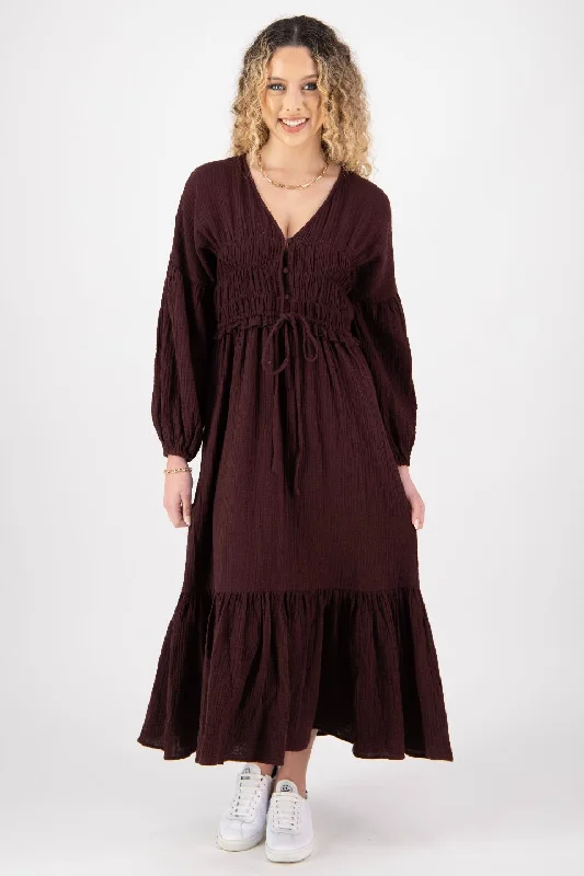 Long - Sleeve Women Dress in Velvet for a Luxurious Winter LookChelsea Raisin Cotton Blouson LS Midi Dress