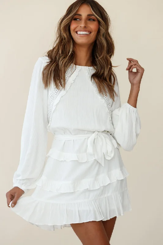 Plus Size Women Dress with a Flattering A - Line Cut for Comfort and StyleDusk Long Sleeve Waist Tie Frill Dress White