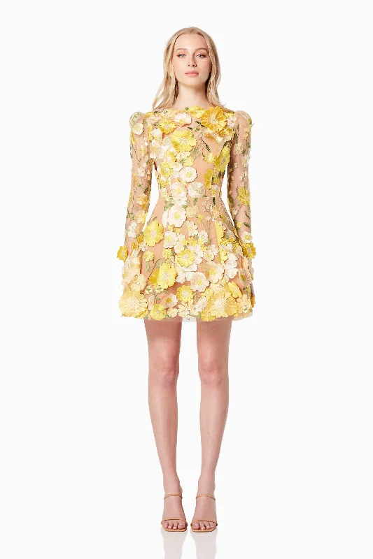 Long - Sleeve Women Dress in Velvet for a Luxurious Winter LookGoldenvoice 3D Floral Mini Dress In Yellow