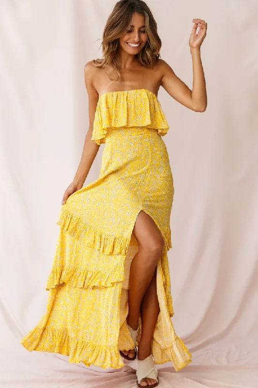 Backless Women Dress for a Sexy and Alluring Look at Evening EventsKiya Layered Bandeau Maxi Dress Leaf Print Mustard