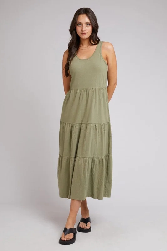 Ball Gown Women Dress with a Full Skirt for a Princess - like LookLinen Cotton Khaki Tiered Midi Dress