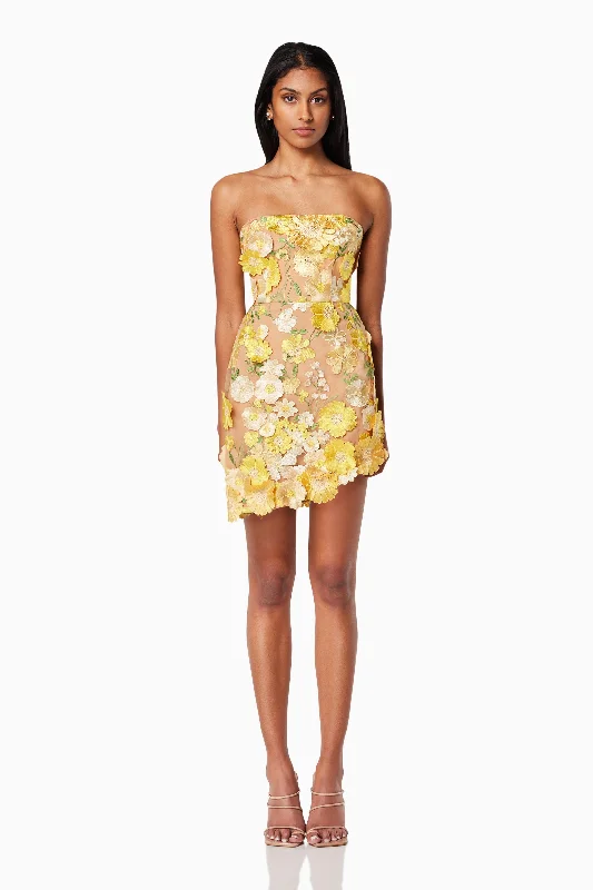 Empire Waist Women Dress to Accentuate the Bust and Conceal the WaistNew-Age 3D Floral Mini Dress in Yellow