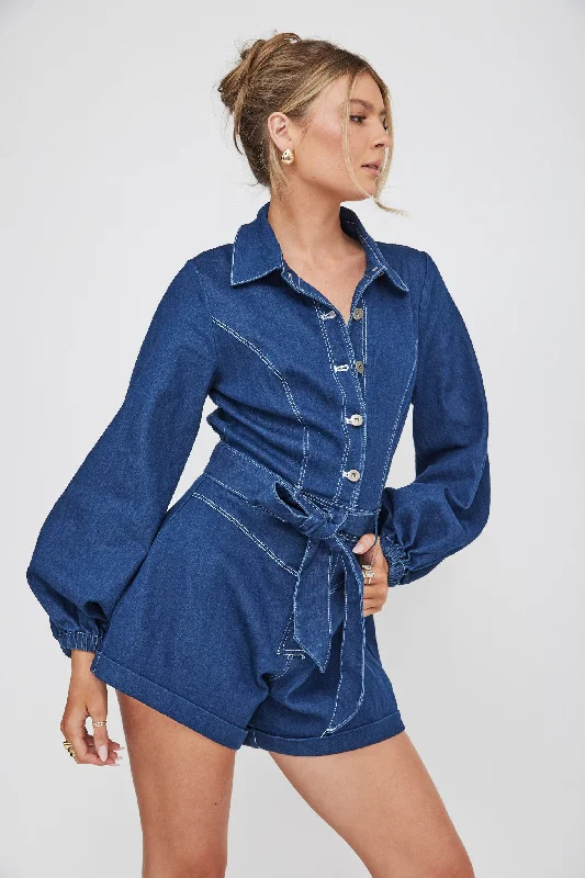 Long - Sleeve Women Dress in Velvet for a Luxurious Winter LookNew Day Long Sleeve Button-Up Romper Indigo