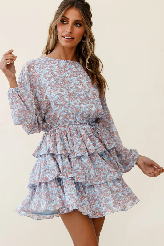 Wrap - Style Women Dress with Adjustable Fit for All Body TypesOdessa Long Sleeve Layered Ruffle Dress Floral Print Blue