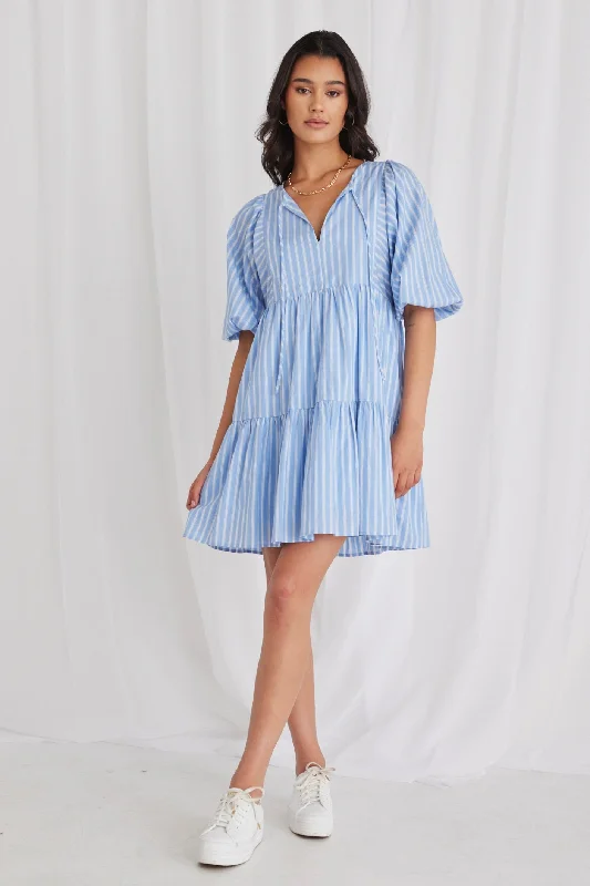 Plus Size Women Dress with a Flattering A - Line Cut for Comfort and StyleProvocation Blue Stripe Frill Hem Half Sleeve Smock Mini Dress