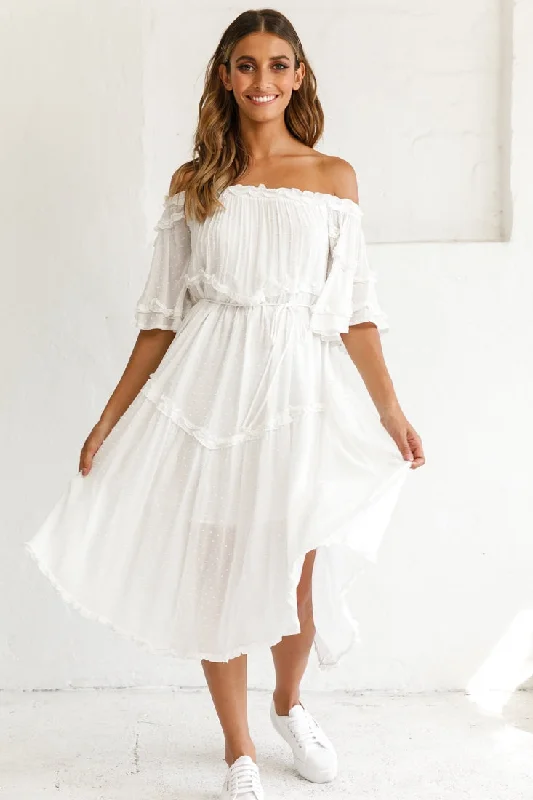 Ball Gown Women Dress with a Full Skirt for a Princess - like LookRenoir Off-Shoulder Frill Trim Midi Dress White