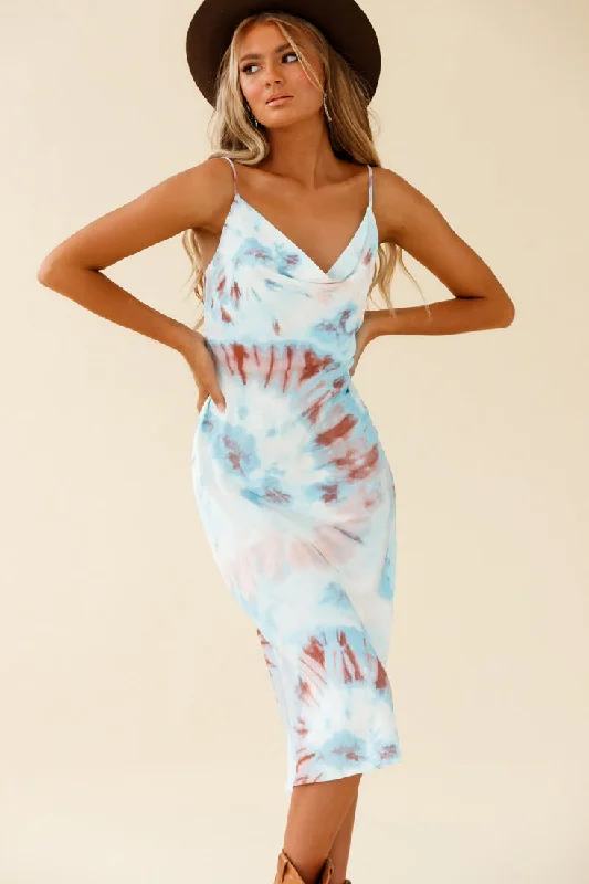 Pleated Women Dress with a Timeless and Elegant TextureShow Me Love Cowl Neck Midi Dress Tie-Dye Blue Multi