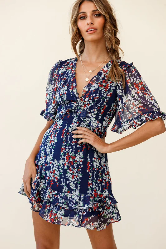 Plus Size Women Dress with a Flattering A - Line Cut for Comfort and StyleSincerely V-Neck Double Frill Hem Tea Dress Floral Print Navy