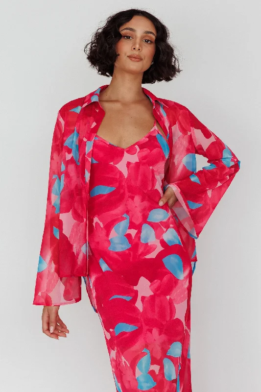 Halter Neck Women Dress to Show Off the Shoulders and NecklineStasi Flared Cuff Long Sleeve Shirt Floral Pink