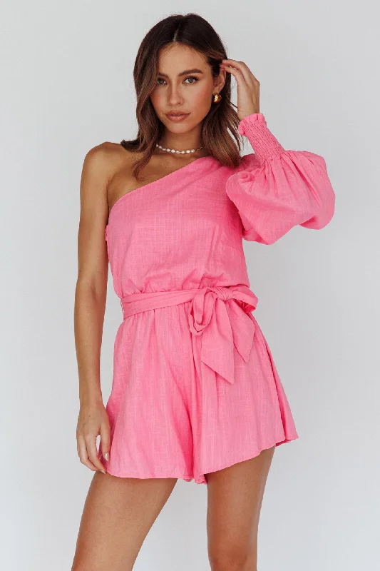 Strapless Women Dress with a Built - in Bra for Comfort and SupportSummer Lover One-Shoulder Long Sleeve Romper Pink