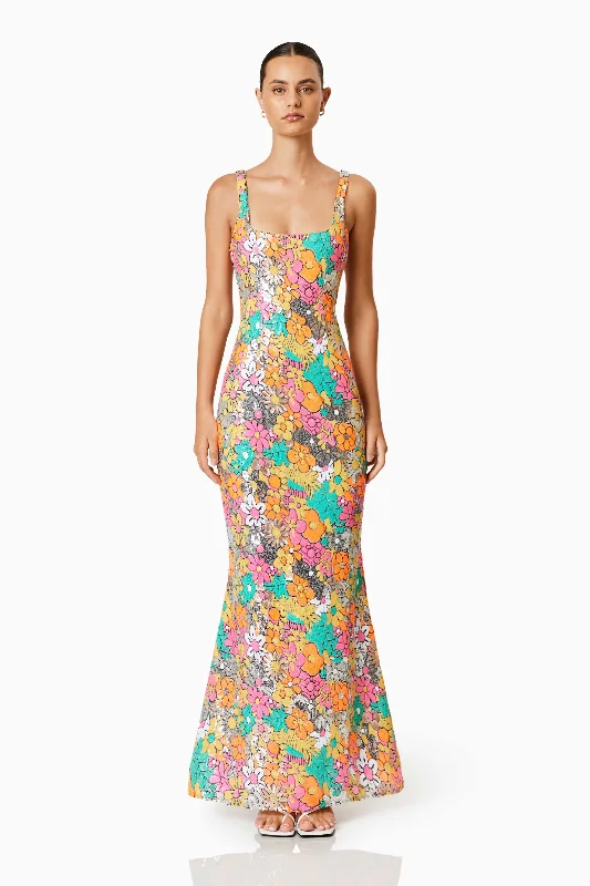 Halter Neck Women Dress to Show Off the Shoulders and NecklineTiki Floral Sequin Fitted Maxi Dress In Multi