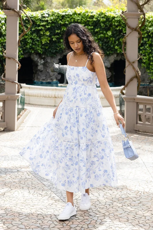 Backless Women Dress for a Sexy and Alluring Look at Evening EventsUniverse Blue Floral Tie Back Tiered Strappy Maxi Dress