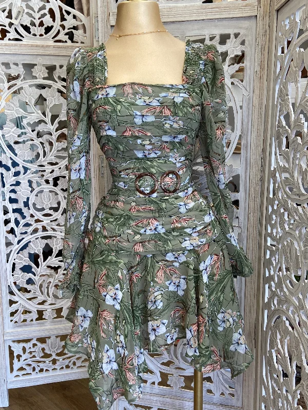 Maxi Women Dress with Floral Print for a Bohemian VibeSquare Neck Olive Floral Dress