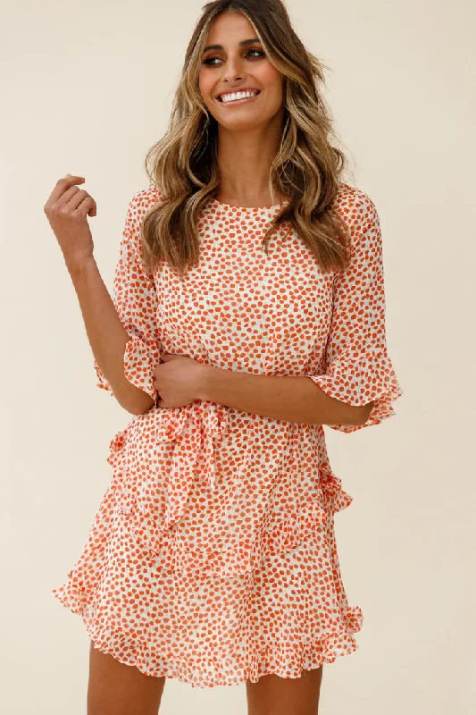 Maxi Women Dress with Floral Print for a Bohemian VibeWife Me Crew Neck Ruffle Insert Dress Polka Dot Orange