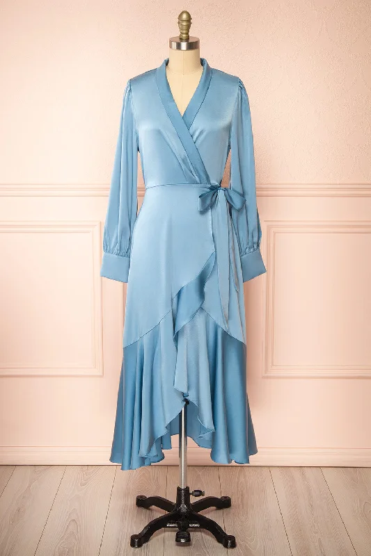 Midi dresses with satin - finish fabrics for a luxurious feelAkamari | Long Satin Blue Wrap Dress