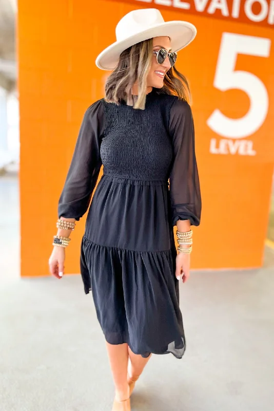 Midi dresses with gathered skirts for a full and flowing silhouetteBlack Mesh Long Sleeve Ruched Tiered Midi Dress