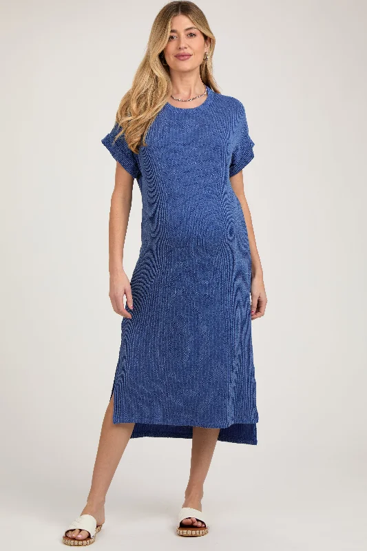 Plaid midi dresses for a fall - themed family gatheringBlue Ribbed Short Sleeve Maternity Midi Dress