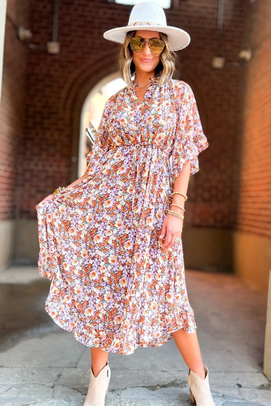 Midi dresses with sheer panels for a touch of allureBrown Floral V Neck Flowy Sleeve Maxi Dress