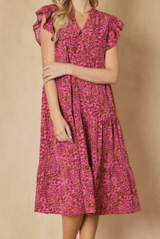 Midi dresses with halter necks for a stylish and comfortable optionBurgundy Pink Floral V Neck Ruffle Shoulder Midi Dress