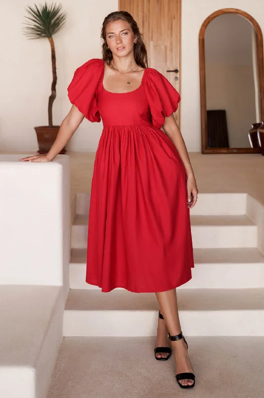 Midi dresses with ruffled bodices for a more pronounced feminine lookCherie Puff Sleeve Midi Dress