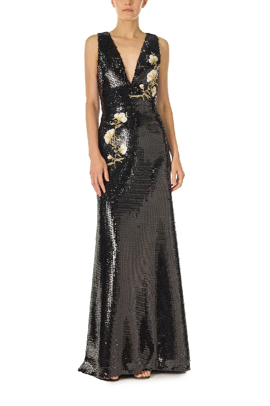 Midi dresses with sheer panels for a touch of allureEmbroidered Sequin V-Neck Gown