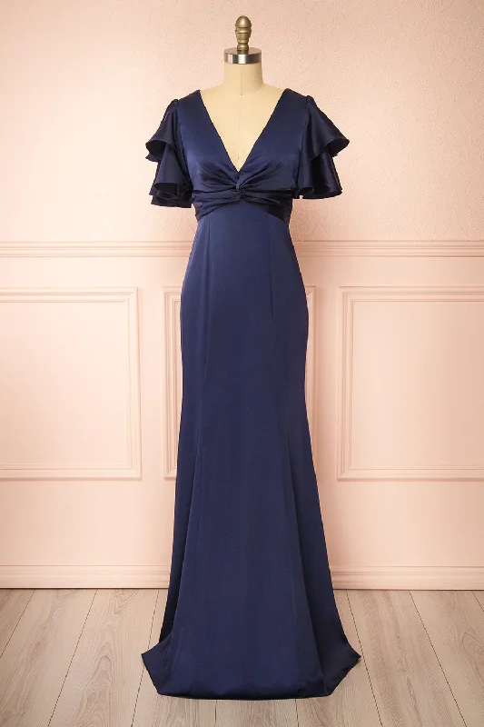 Midi dresses with pleated bodices for a classic and tailored lookKyana | V-Neck Navy Satin Maxi Dress