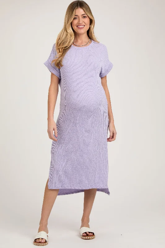 Midi dresses with button - down skirts for a unique and functional designLavender Ribbed Short Sleeve Maternity Midi Dress