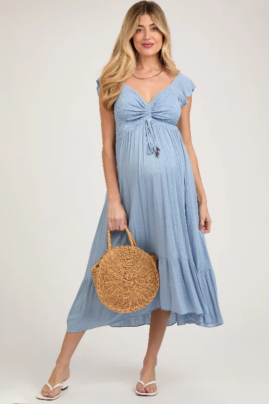 Midi dresses with fringe details for a fun and energetic styleLight Blue Smocked Ruched Ruffle Hem Maternity Maxi Dress