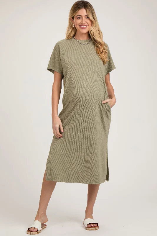 Midi dresses with pom - pom trims for a playful and festive lookLight Olive Ribbed Short Dolman Sleeve Side Slit Maternity Midi Dress