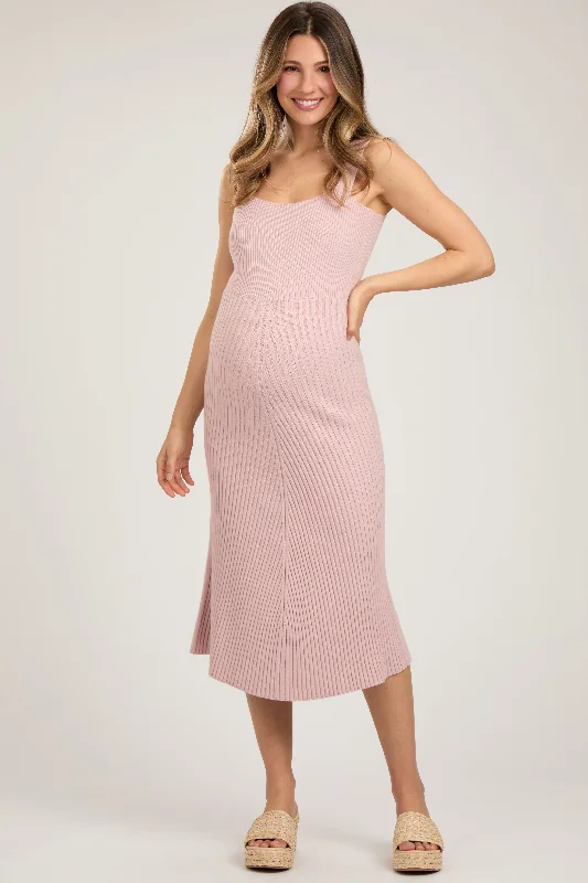 Midi dresses with puff sleeves for a vintage - inspired lookLight Pink Sweater Knit A-Line Maternity Midi Dress