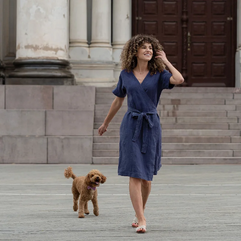 Midi dresses with mesh inserts for a trendy and breathable optionLinen Wrap Dress Eliana Storm Blue