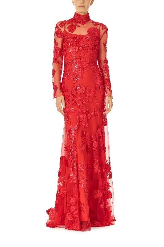 Midi dresses with tassel accents for a bohemian and free - spirited styleLong Sleeve Embroidered Tulle Gown