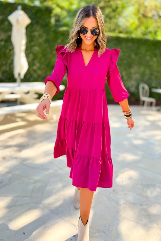 Midi dresses with patchwork patterns for a one - of - a - kind styleMagenta Three Quarter Sleeve Ruffle Shoulder Tiered Midi Dress SSYS The Label