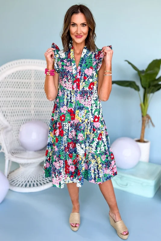 Midi dresses with satin - finish fabrics for a luxurious feelNavy Floral Flutter Sleeve V Neck Tiered Midi Dress