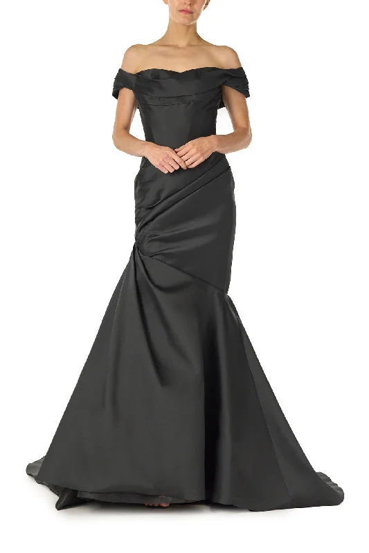 Midi dresses with embroidered accents for a unique and detailed designOff-The-Shoulder Draped Trumpet Gown