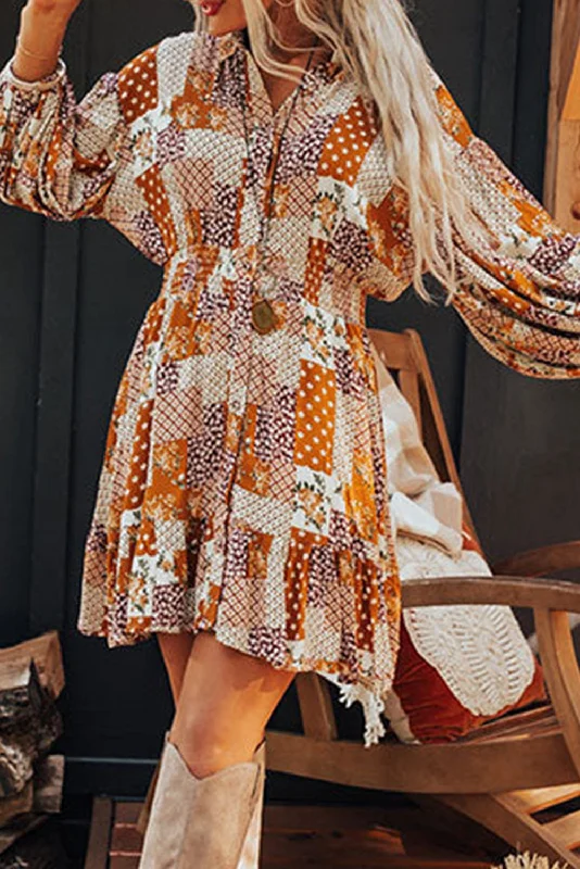 Midi dresses with patchwork patterns for a one - of - a - kind styleBoho Floral Puff Sleeve Mini Dress