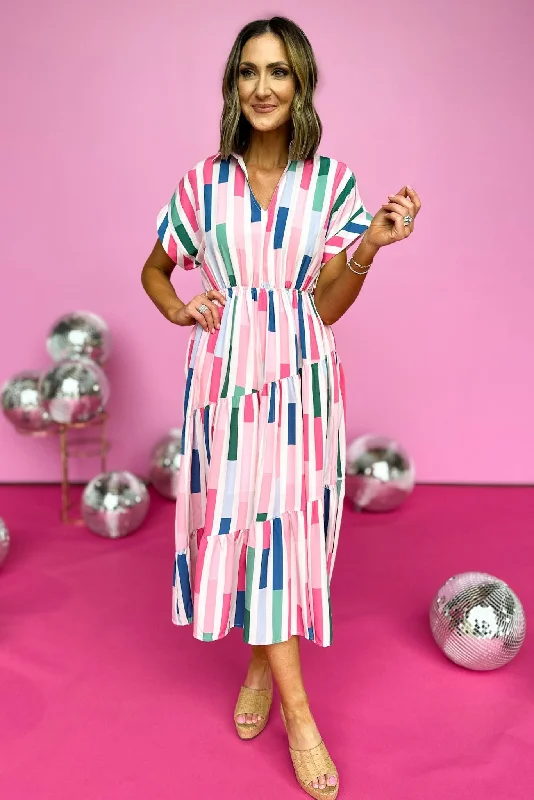 Midi dresses with V - necklines for a flattering and elongating effectPink Abstract Printed V Neck Collared Midi Dress